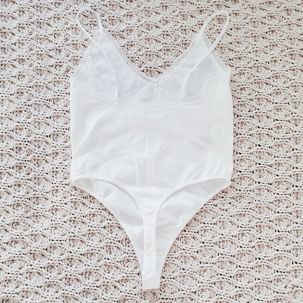 Forever 21 V Neck Strappy Thong Bodysuit Onesie- White